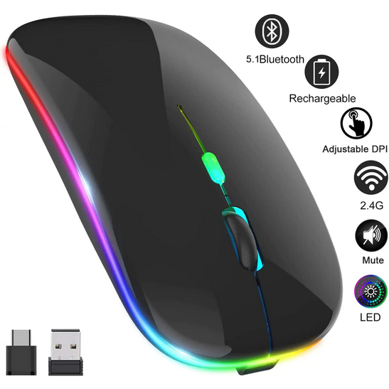 Wireless Mouse 2.4G Bluetooth Mouse Rechargeable Silent Mouse USB & Type-c Receiver Dual Mode LED Mouse Laptop Mouse for Computer MacBook iPad iPhone