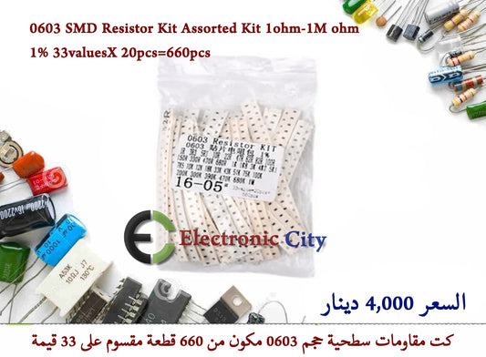 0603 SMD Resistor Kit Assorted Kit 1ohm-1M ohm 1% 33valuesX 20pcs=660pcs   GXLC0022-001