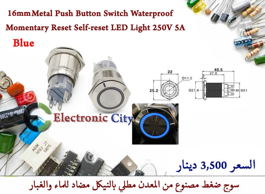 16mm Metal Push Button Switch Waterproof Momentary Reset Self-reset LED Light 250V 5A Blue #B7 X52458