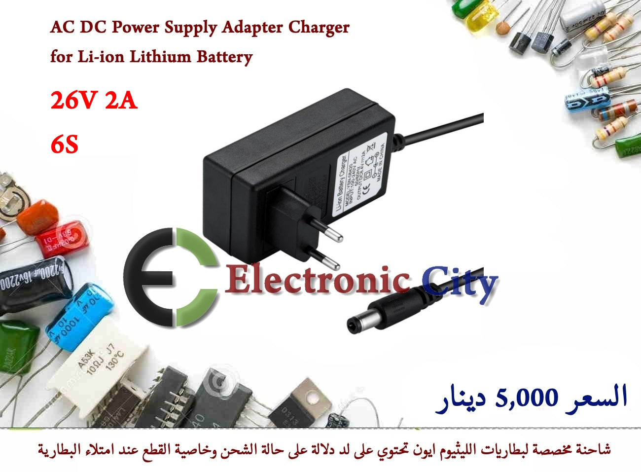 26V 2A AC DC Power Supply Adapter Charger for 6S Li-ion Lithium Battery