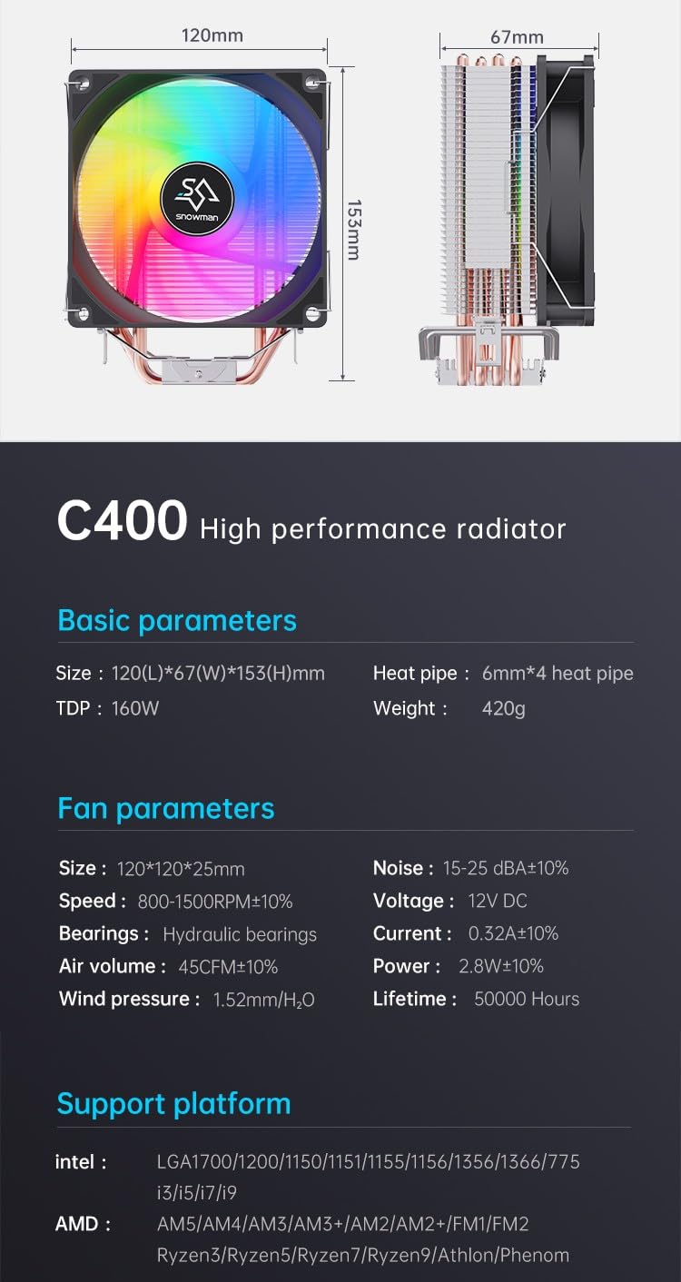 C400 CPU Air Cooler with 4 Heat Pipes, 120mm ARGB PWM Fan, Motherboard Sync ARGB Lighting, 5V 4-pin CPU Cooler, Compatible with AMD RyzenIntel LGA 1700115X
