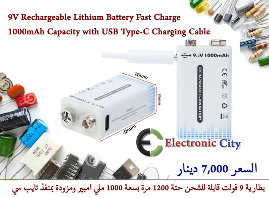 9V Rechargeable Lithium Battery Fast Charge 1000mAh Capacity with USB Type-C Charging Cable