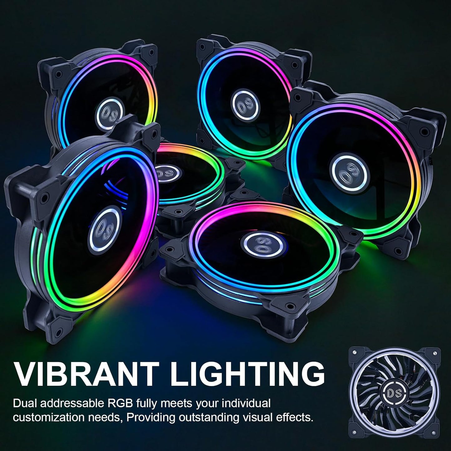 DS 120MM LED Addressable RGB Case Fan with Controller for Computer Cases, Side Lighting for PC CASE, CPU Coolers, Radiators System (3pack RGB Fans, 2pack LED Strips, 1th Gen DS HUB Box, G Series)