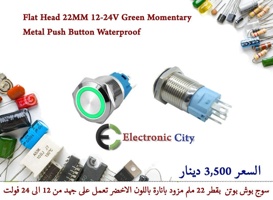 Flat Head 22MM 12-24V Green Momentary Metal Push Button Waterproof #B7 012624