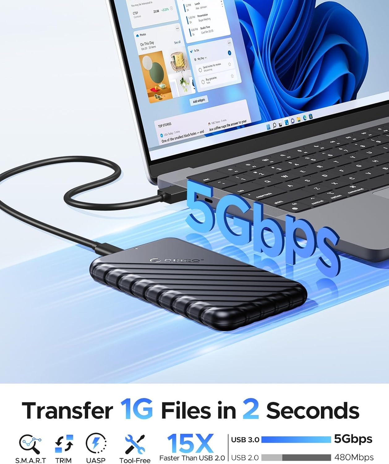 ORICO 2.5 inch External Hard Drive Enclosure USB 3.0 to SATA III for 7mm and 9.5mm SATA HDD SSD Tool Free [UASP Supported] Black (25PW1-U3)