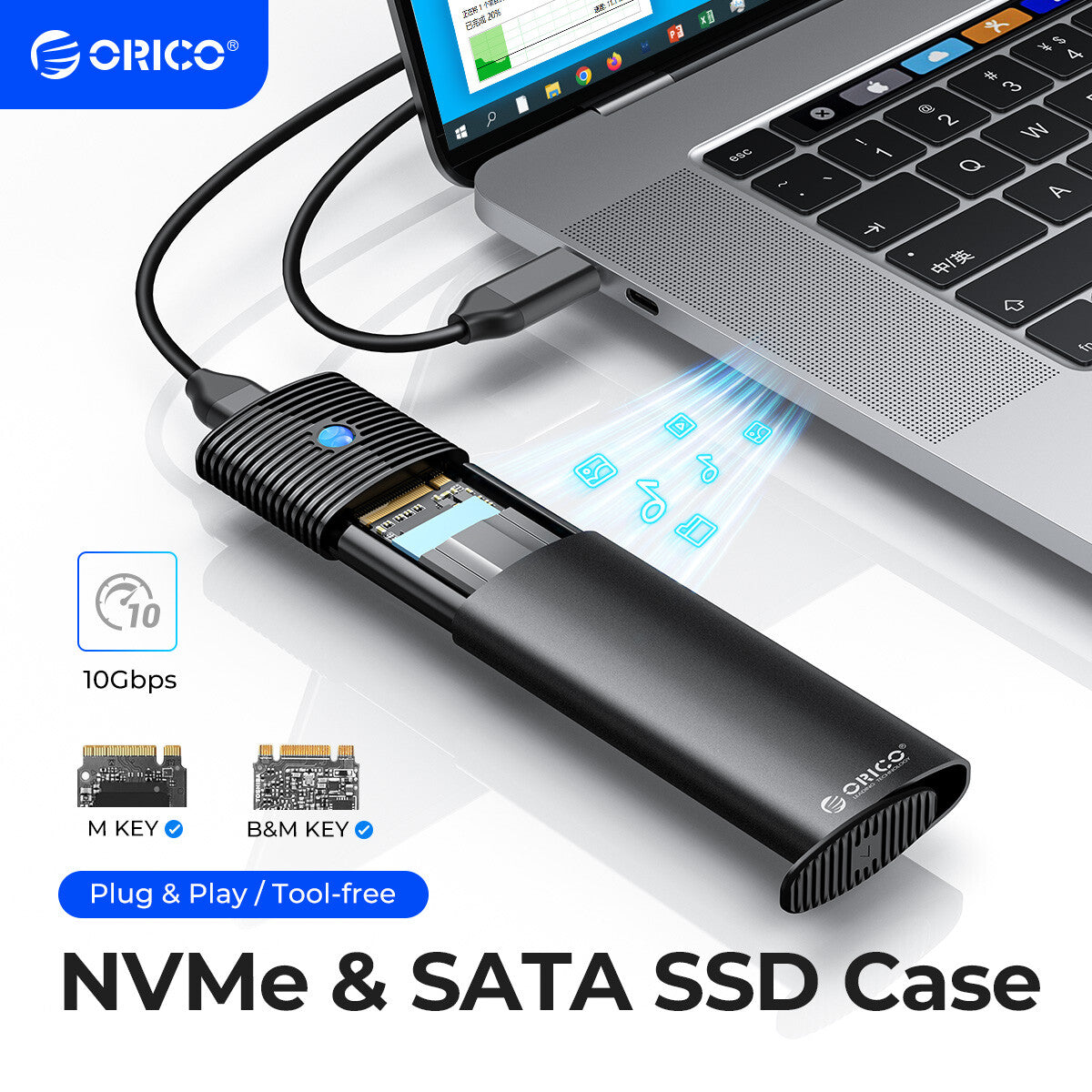 ORICO M.2 NVMe SSD Enclosure 10Gbps USB C Adapter 4TB 2230-2242-2260-2280 SSDs