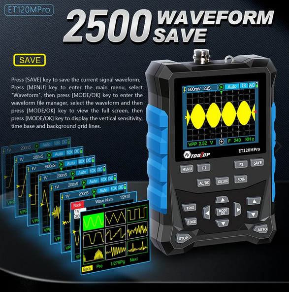 ET120M Professional Handheld Digital Oscilloscope 120MHz Analog Bandwidth 500MS/s Sampling Rate 320x240 LCD Screen Support Waveform Storage with Backlight