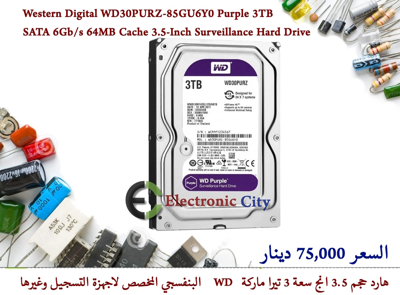 Western Digital WD30PURZ-85GU6Y0 Purple 3TB  SATA 6Gbs 64MB Cache 3.5-Inch Surveillance Hard Drive