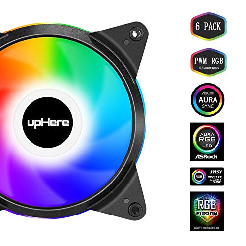upHere 5V 120mm Silent PWM ARGB Fan 6-Pack with Intelligent Control Sync, Adjustable Colorful Fans