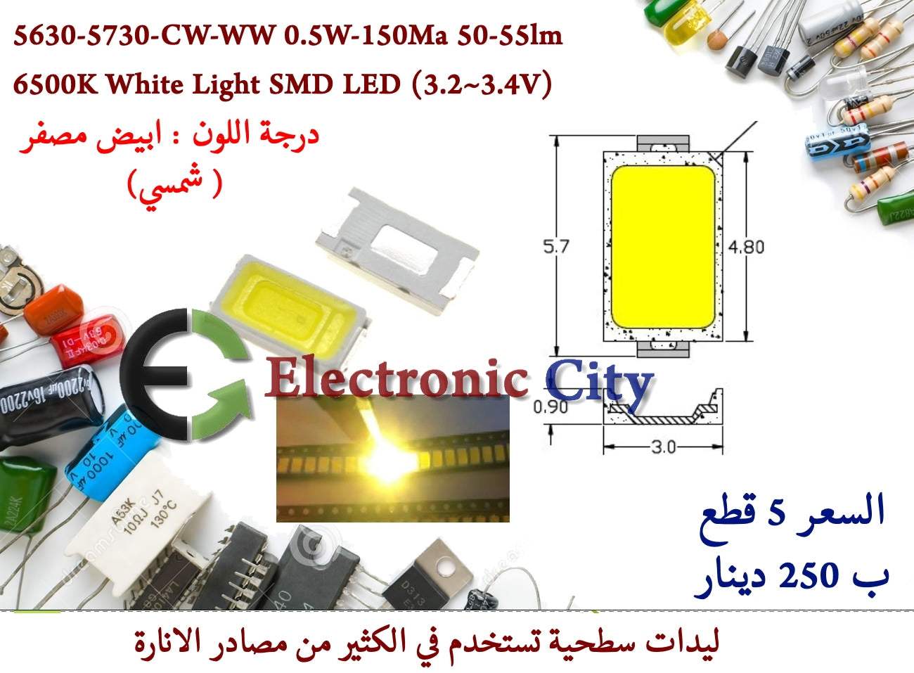 5630-5730-CW-WW 0.5W-150Ma 50-55lm 6500K Warm White Light SMD LED (3.2~3.4V)